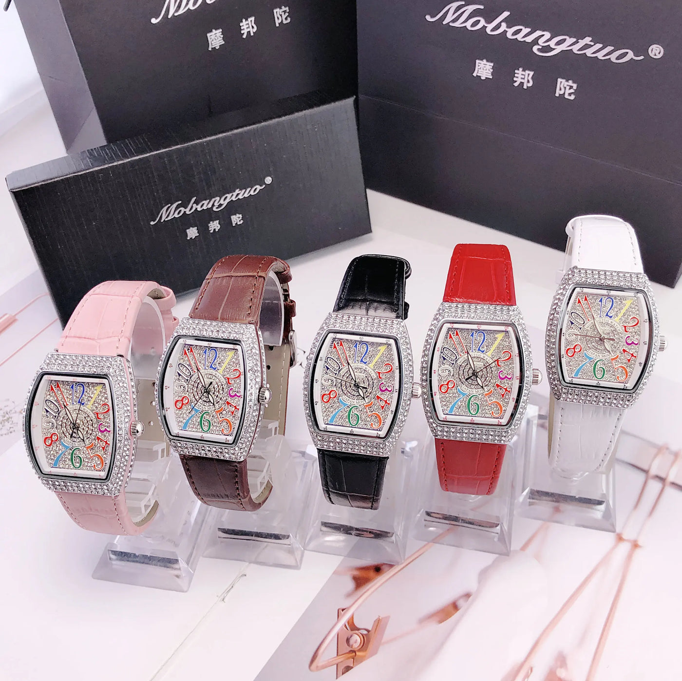 Luxury Diamond Crystal Women Watches Colorful Rectangle Dial Leather Quartz Watch Clock Unique Design Wristwatch часы женские