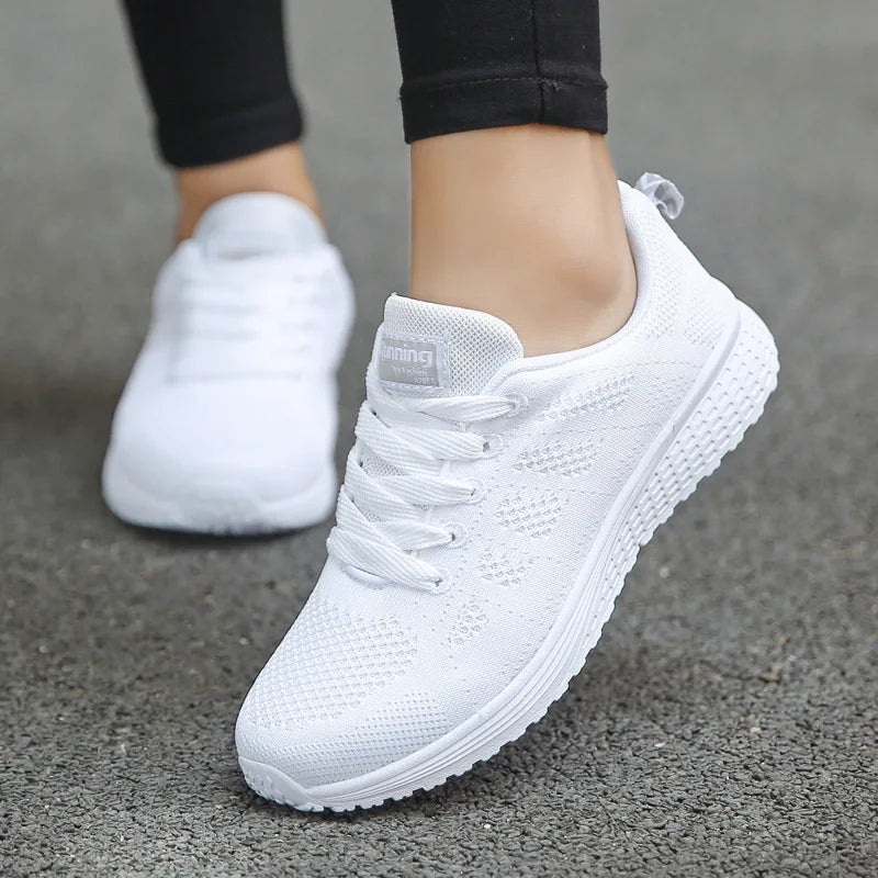 Women’s Casual Mesh Sneakers – Lightweight, Breathable Walking Flats, Vulcanized Gym Shoes, Stylish Everyday Footwear for Comfort and Fashion (White, 2021).