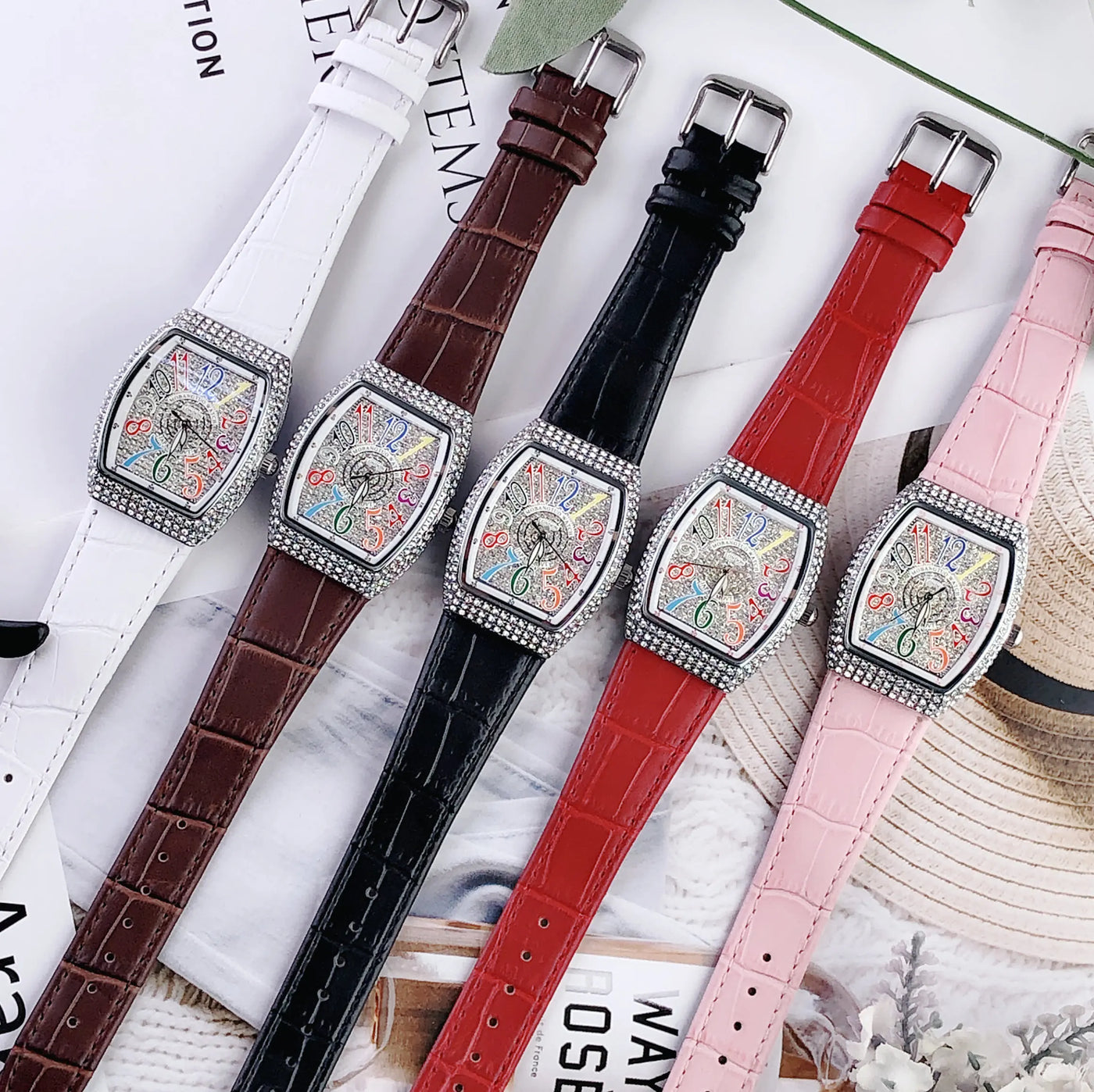 Luxury Diamond Crystal Women Watches Colorful Rectangle Dial Leather Quartz Watch Clock Unique Design Wristwatch часы женские