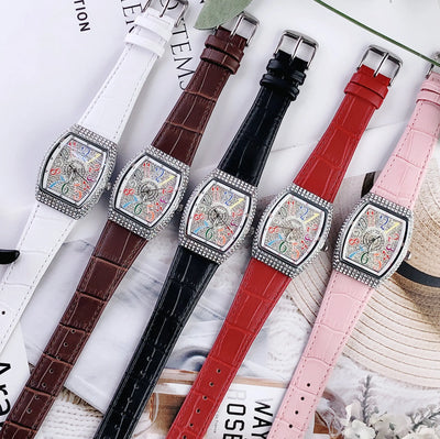 Luxury Diamond Crystal Women Watches Colorful Rectangle Dial Leather Quartz Watch Clock Unique Design Wristwatch часы женские
