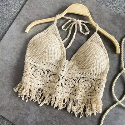 Summer Tank top Women's Boho Fringe Backless Halter Tie Neck Underwear Outerwear with Neck Hanging Embroidery Tassel Suspender