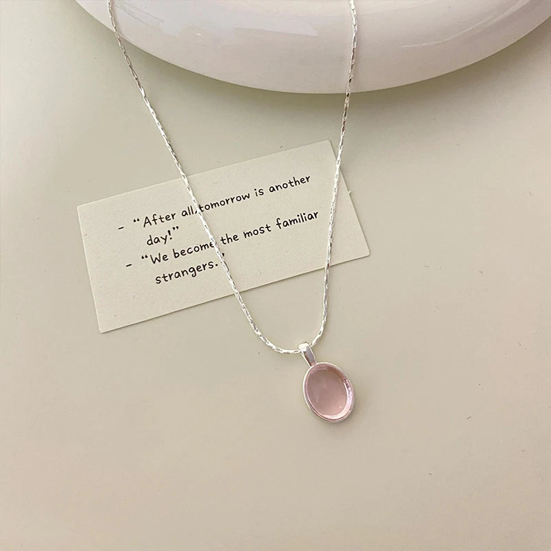 925 Sterling Silver Pink Crystal Moonstone Necklace – Elegant Oval Pendant Clavicle Chain for Women, Simple Fashion Jewelry & Party Gift.