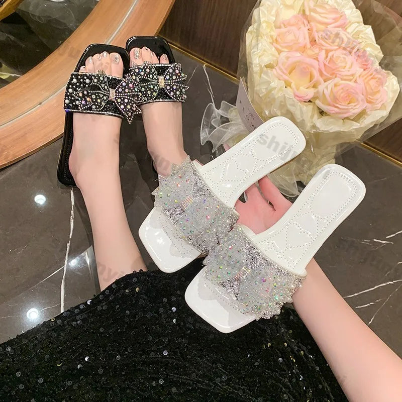 2025 Women’s Summer Shoes – Fashion Bow-Knot Slippers, Comfortable Non-Slip Sandals with Rhinestones, Outdoor Soft Sole & Elegant Dress Footwear.