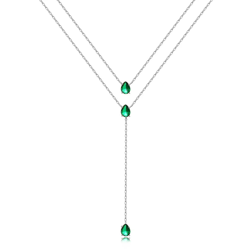 18K Gold Plated Double Layer Necklace – Elegant Tear Drop Charm with Green CZ, Classic Clavicle Chain Fashion Jewelry for Women.