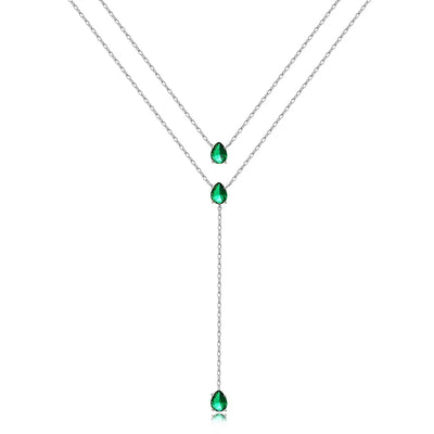 18K Gold Plated Double Layer Necklace – Elegant Tear Drop Charm with Green CZ, Classic Clavicle Chain Fashion Jewelry for Women.