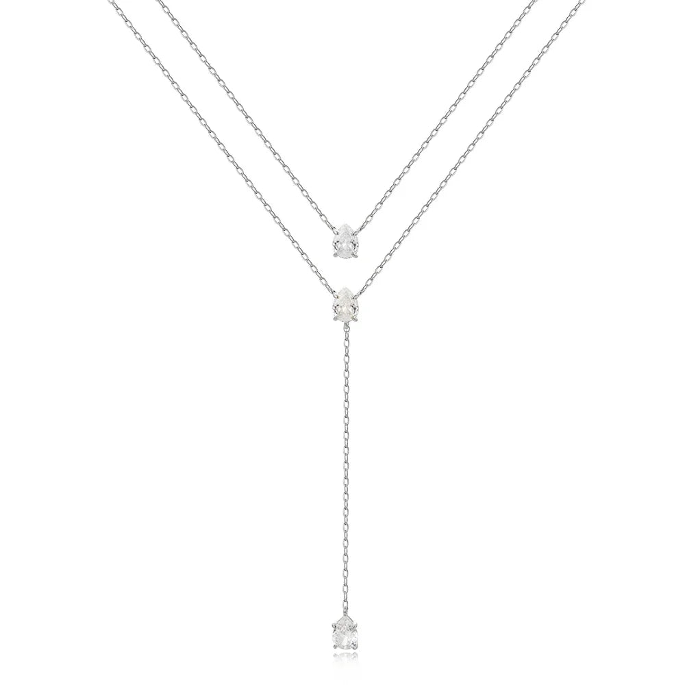 18K Gold Plated Double Layer Necklace – Elegant Tear Drop Charm with Green CZ, Classic Clavicle Chain Fashion Jewelry for Women.