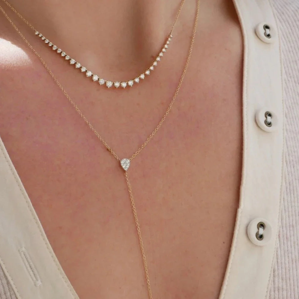 18K Gold Plated Double Layer Necklace – Elegant Tear Drop Charm with Green CZ, Classic Clavicle Chain Fashion Jewelry for Women.