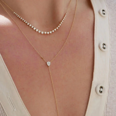 18K Gold Plated Double Layer Necklace – Elegant Tear Drop Charm with Green CZ, Classic Clavicle Chain Fashion Jewelry for Women.