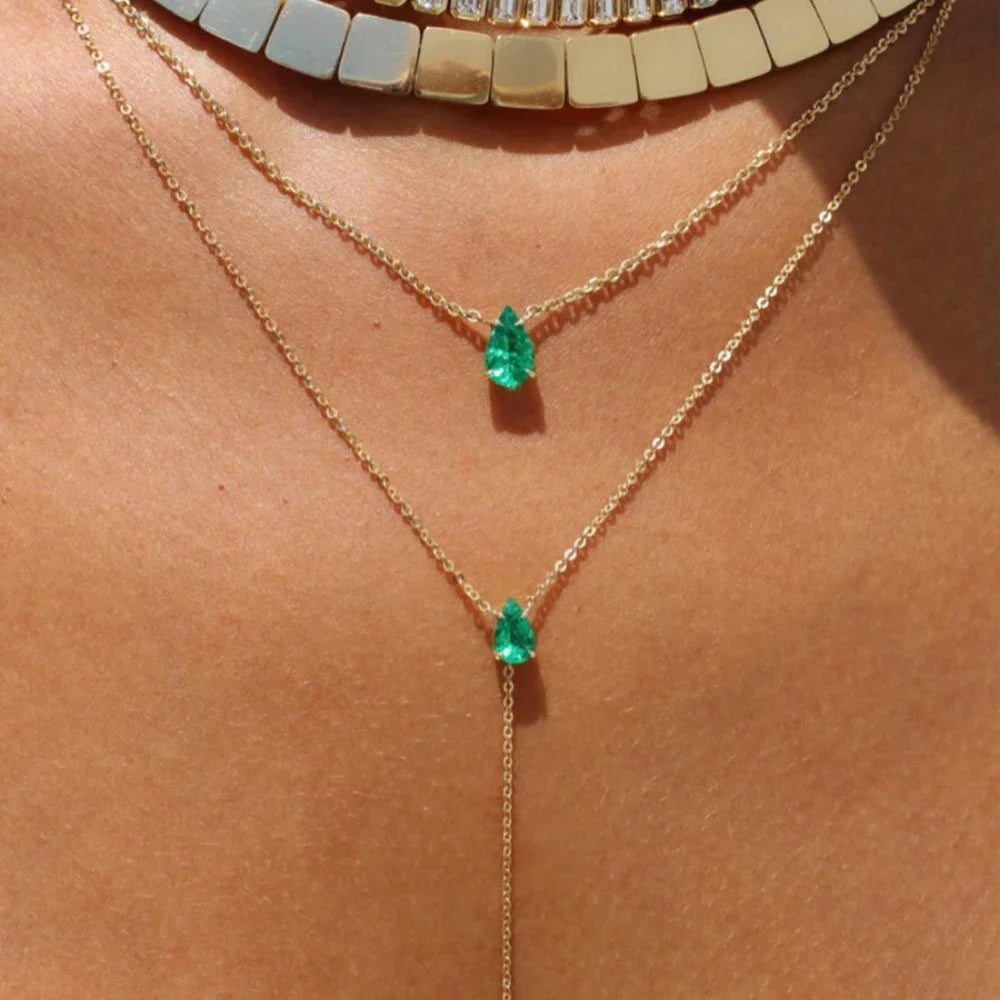 18K Gold Plated Double Layer Necklace – Elegant Tear Drop Charm with Green CZ, Classic Clavicle Chain Fashion Jewelry for Women.