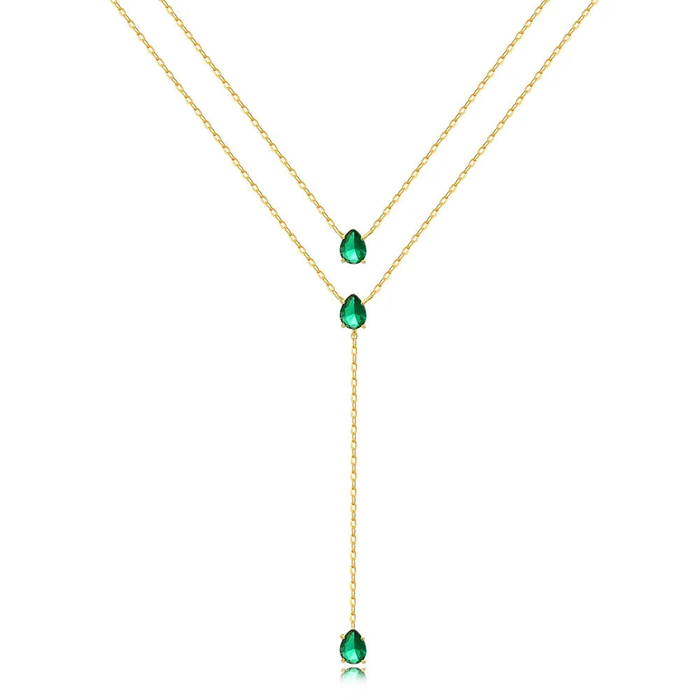 18K Gold Plated Double Layer Necklace – Elegant Tear Drop Charm with Green CZ, Classic Clavicle Chain Fashion Jewelry for Women.