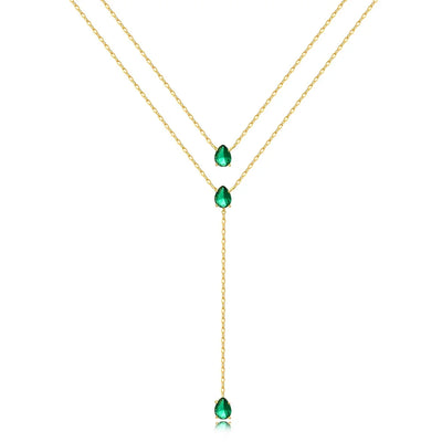 18K Gold Plated Double Layer Necklace – Elegant Tear Drop Charm with Green CZ, Classic Clavicle Chain Fashion Jewelry for Women.