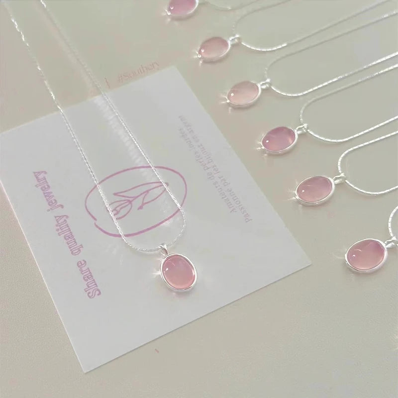 925 Sterling Silver Pink Crystal Moonstone Necklace – Elegant Oval Pendant Clavicle Chain for Women, Simple Fashion Jewelry & Party Gift.