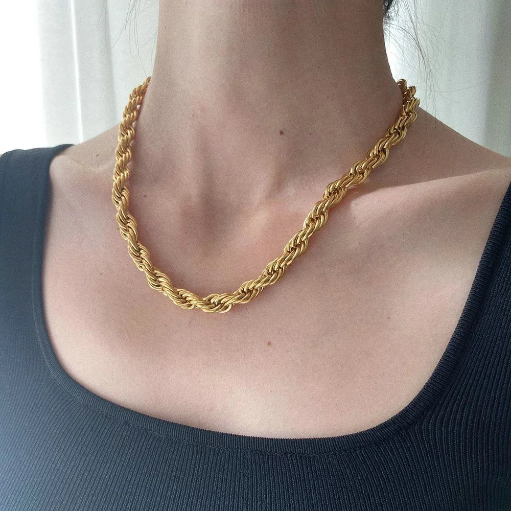 Luck Fashion 14K Gold Plated Rope Chain Necklace – Non-Tarnish, Waterproof, Thick Twist Design, 2.5mm–8mm, Gift for Men & Women.