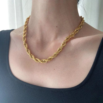 Luck Fashion 14K Gold Plated Rope Chain Necklace – Non-Tarnish, Waterproof, Thick Twist Design, 2.5mm–8mm, Gift for Men & Women.
