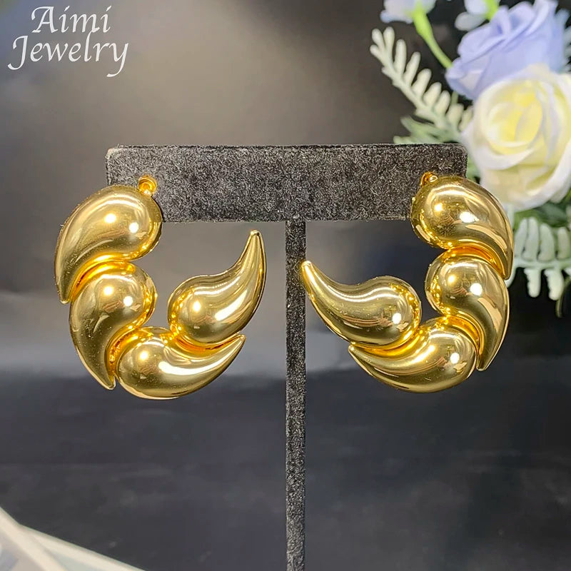 Trendy 18K Gold Plated Jewelry Set – Elegant Chunky Hoop Earrings & Necklace, Exquisite Dubai Bridal Wedding Party Gifts for Women.