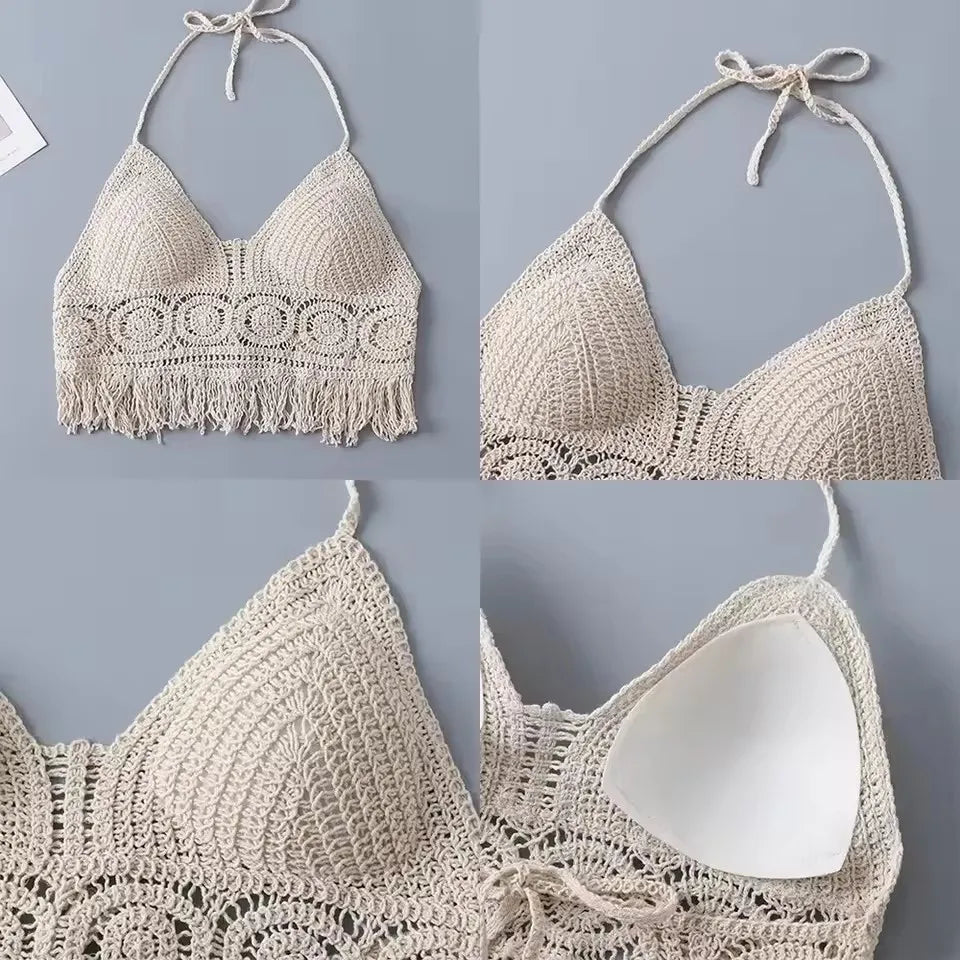 Summer Tank top Women's Boho Fringe Backless Halter Tie Neck Underwear Outerwear with Neck Hanging Embroidery Tassel Suspender