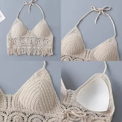Summer Tank top Women's Boho Fringe Backless Halter Tie Neck Underwear Outerwear with Neck Hanging Embroidery Tassel Suspender