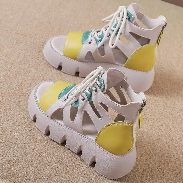 2025 Women’s Chunky Platform Gladiator Sandals – Breathable Strappy Summer Shoes with Bold Color Block Design & Comfortable Elevated Style.
