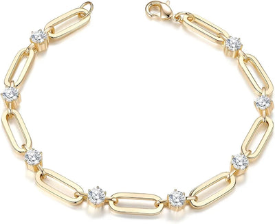 Dainty Gold Bracelet for Women – 14K Gold Plated Paperclip Chain with Cubic Zirconia, Trendy Elegant Jewelry for Everyday Wear.