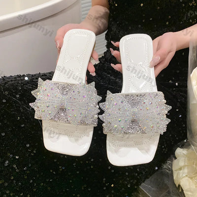 2025 Women’s Summer Shoes – Fashion Bow-Knot Slippers, Comfortable Non-Slip Sandals with Rhinestones, Outdoor Soft Sole & Elegant Dress Footwear.