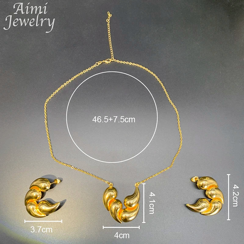 Trendy 18K Gold Plated Jewelry Set – Elegant Chunky Hoop Earrings & Necklace, Exquisite Dubai Bridal Wedding Party Gifts for Women.