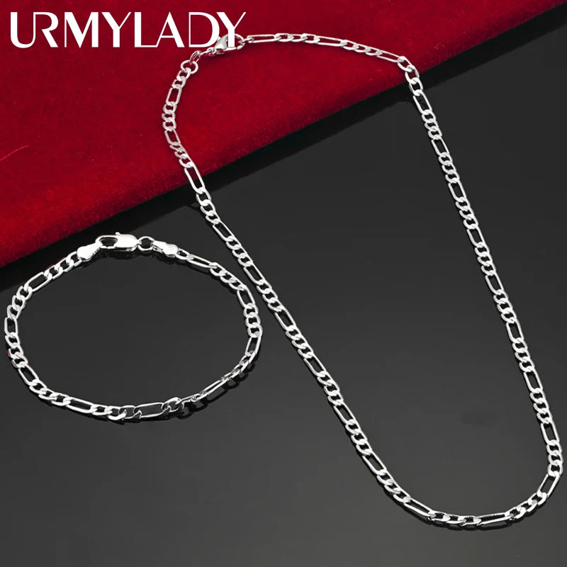 New Noble 925 Sterling Silver Jewelry Set – 4MM Chain Necklace & Bracelet for Men and Women, Elegant Wedding & Christmas Gift.