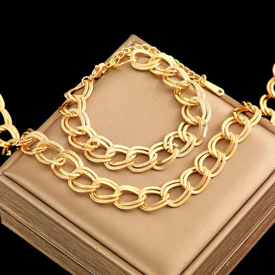 EILIECK 316L Stainless Steel Jewelry Set – 18K Gold Plated Double Link Chain Necklace & Bracelet, Waterproof Fashion Gift for Women.