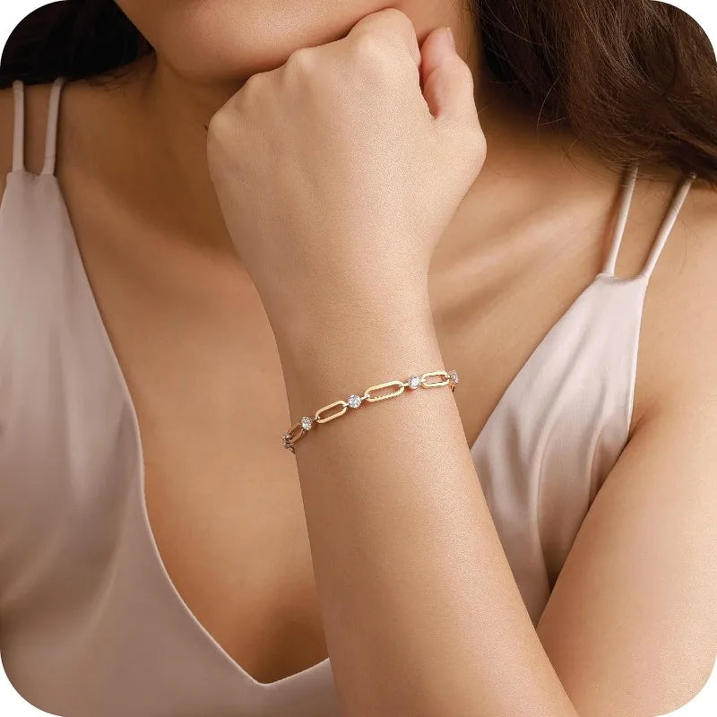 Dainty Gold Bracelet for Women – 14K Gold Plated Paperclip Chain with Cubic Zirconia, Trendy Elegant Jewelry for Everyday Wear.