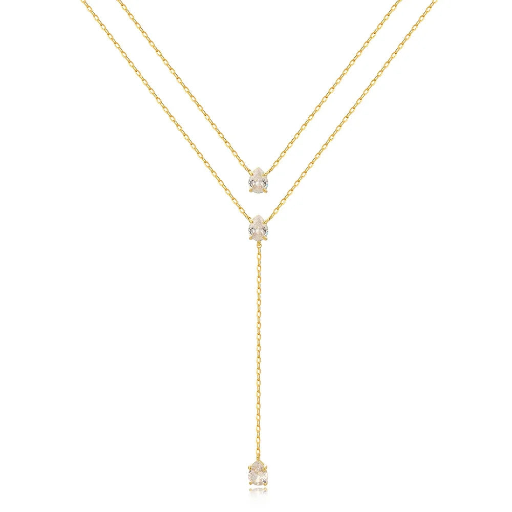 18K Gold Plated Double Layer Necklace – Elegant Tear Drop Charm with Green CZ, Classic Clavicle Chain Fashion Jewelry for Women.