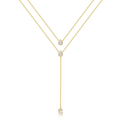 18K Gold Plated Double Layer Necklace – Elegant Tear Drop Charm with Green CZ, Classic Clavicle Chain Fashion Jewelry for Women.