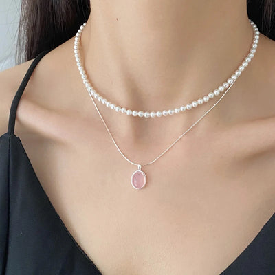 925 Sterling Silver Pink Crystal Moonstone Necklace – Elegant Oval Pendant Clavicle Chain for Women, Simple Fashion Jewelry & Party Gift.