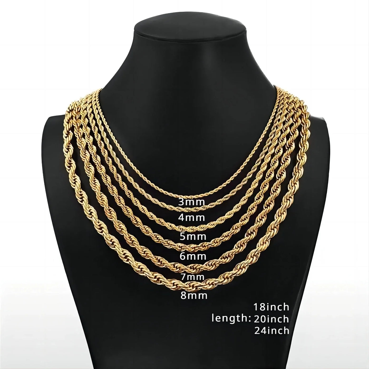 Luck Fashion 14K Gold Plated Rope Chain Necklace – Non-Tarnish, Waterproof, Thick Twist Design, 2.5mm–8mm, Gift for Men & Women.