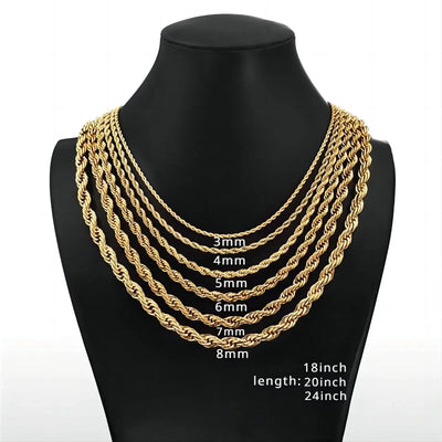 Luck Fashion 14K Gold Plated Rope Chain Necklace – Non-Tarnish, Waterproof, Thick Twist Design, 2.5mm–8mm, Gift for Men & Women.