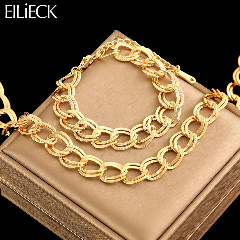 EILIECK 316L Stainless Steel Jewelry Set – 18K Gold Plated Double Link Chain Necklace & Bracelet, Waterproof Fashion Gift for Women.