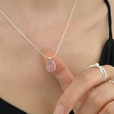 925 Sterling Silver Pink Crystal Moonstone Necklace – Elegant Oval Pendant Clavicle Chain for Women, Simple Fashion Jewelry & Party Gift.