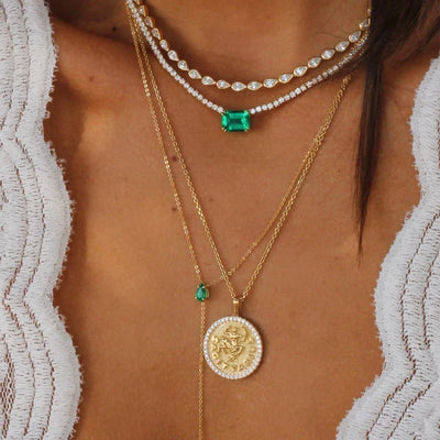 18K Gold Plated Double Layer Necklace – Elegant Tear Drop Charm with Green CZ, Classic Clavicle Chain Fashion Jewelry for Women.