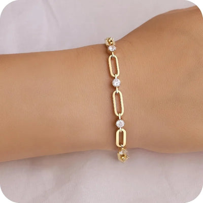Dainty Gold Bracelet for Women – 14K Gold Plated Paperclip Chain with Cubic Zirconia, Trendy Elegant Jewelry for Everyday Wear.