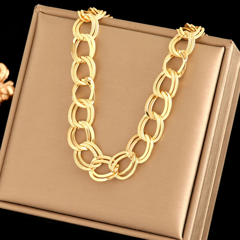 EILIECK 316L Stainless Steel Jewelry Set – 18K Gold Plated Double Link Chain Necklace & Bracelet, Waterproof Fashion Gift for Women.