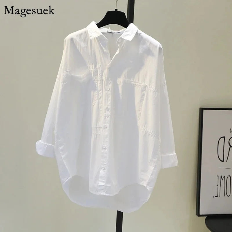 Casual Button Cotton White Women's Shirt Spring Long Sleeve Solid Loose Blouses Office Lady Elegant Tops