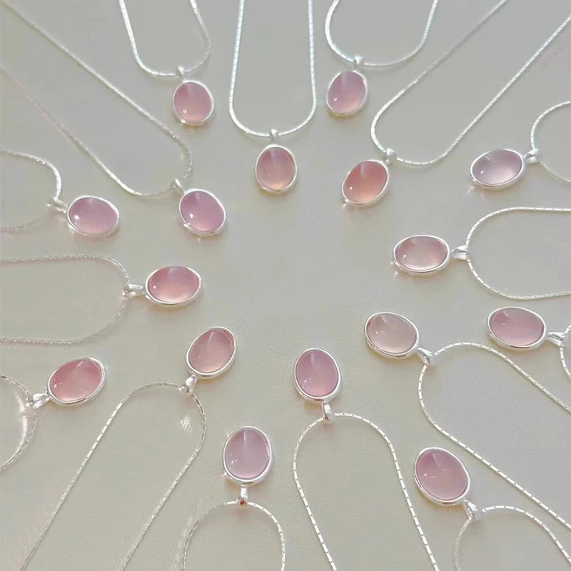 925 Sterling Silver Pink Crystal Moonstone Necklace – Elegant Oval Pendant Clavicle Chain for Women, Simple Fashion Jewelry & Party Gift.