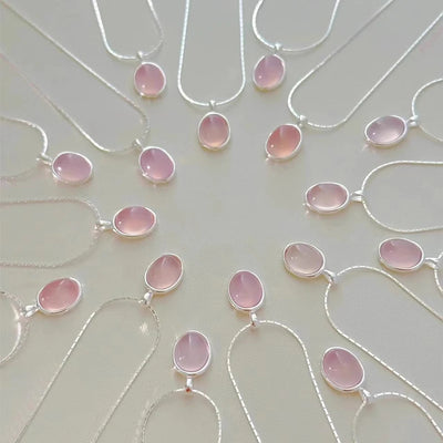 925 Sterling Silver Pink Crystal Moonstone Necklace – Elegant Oval Pendant Clavicle Chain for Women, Simple Fashion Jewelry & Party Gift.