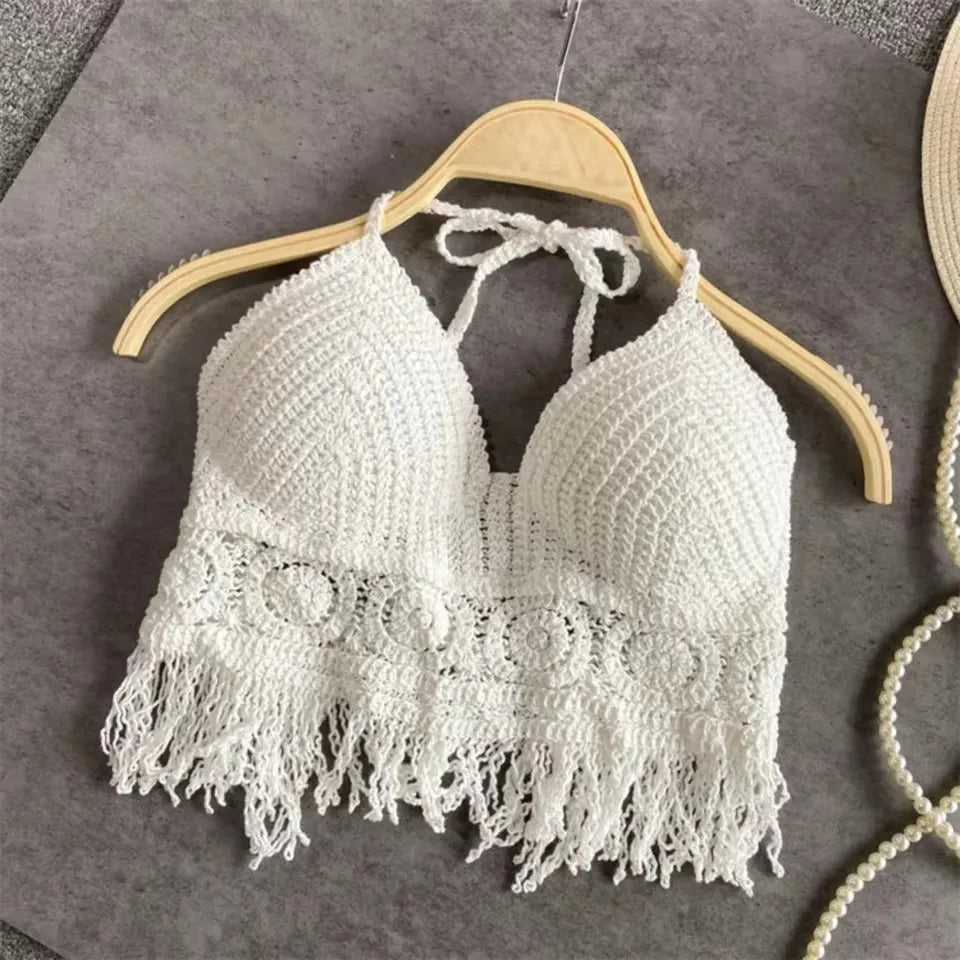 Summer Tank top Women's Boho Fringe Backless Halter Tie Neck Underwear Outerwear with Neck Hanging Embroidery Tassel Suspender