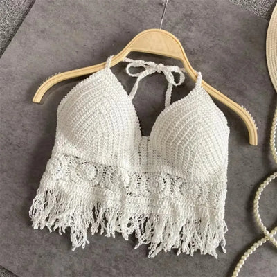 Summer Tank top Women's Boho Fringe Backless Halter Tie Neck Underwear Outerwear with Neck Hanging Embroidery Tassel Suspender
