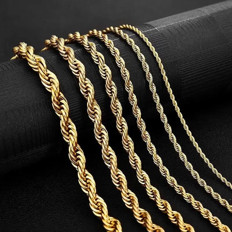 Luck Fashion 14K Gold Plated Rope Chain Necklace – Non-Tarnish, Waterproof, Thick Twist Design, 2.5mm–8mm, Gift for Men & Women.