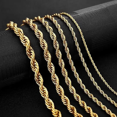 Luck Fashion 14K Gold Plated Rope Chain Necklace – Non-Tarnish, Waterproof, Thick Twist Design, 2.5mm–8mm, Gift for Men & Women.
