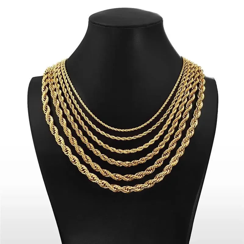Luck Fashion 14K Gold Plated Rope Chain Necklace – Non-Tarnish, Waterproof, Thick Twist Design, 2.5mm–8mm, Gift for Men & Women.