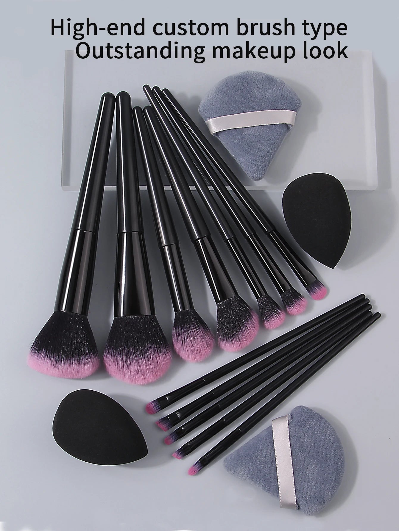 Professional makeup tool set: 12 makeup brushes, 2 water-drop makeup sponge eggs, and 2 triangular powder puffs