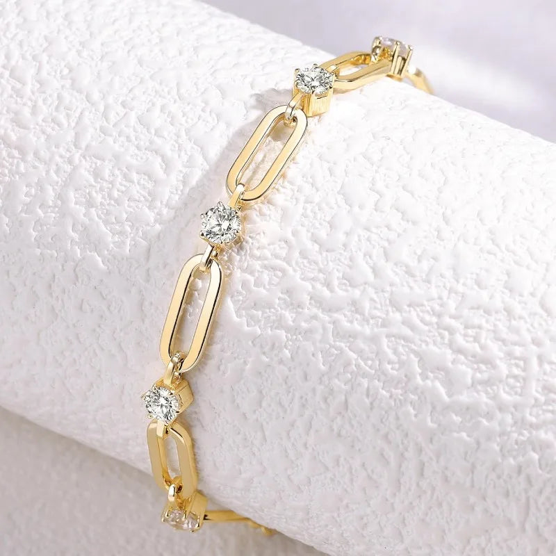Dainty Gold Bracelet for Women – 14K Gold Plated Paperclip Chain with Cubic Zirconia, Trendy Elegant Jewelry for Everyday Wear.