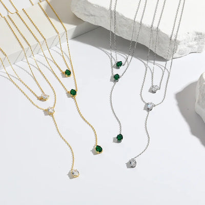 18K Gold Plated Double Layer Necklace – Elegant Tear Drop Charm with Green CZ, Classic Clavicle Chain Fashion Jewelry for Women.