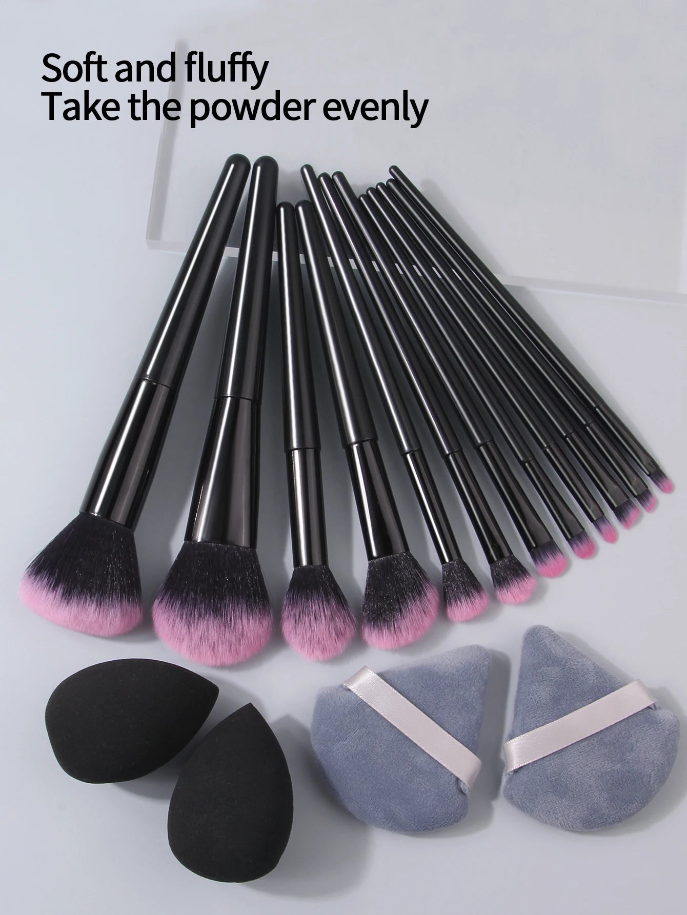 Professional makeup tool set: 12 makeup brushes, 2 water-drop makeup sponge eggs, and 2 triangular powder puffs